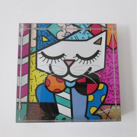 Britto Other - Britto Happy Cat Paperweight Remero Abstract Art Square Glass  -Flaws-